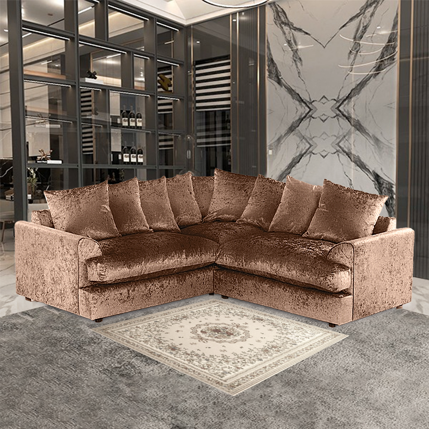 Dylan Crush Velvet Wide Armrest 5 Seater with Footstool Classic Corner Sofa