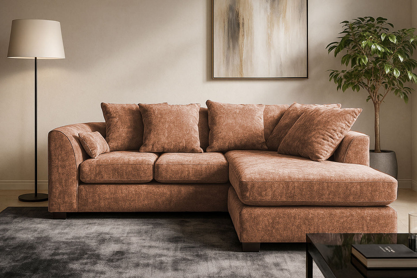 Dylen chenille beig color corner sofa in a modern L-shaped design, available with free delivery from UKFurnish – shop now for stylish sofas across the UK.