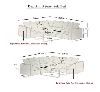 Measurement chart of a dual arm 5 scater sofa bed with dimensions labeled.
