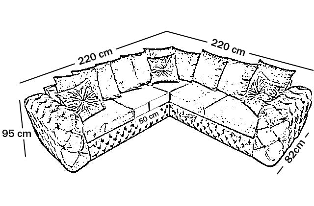 Diagram of a sectional sofa with dimensions