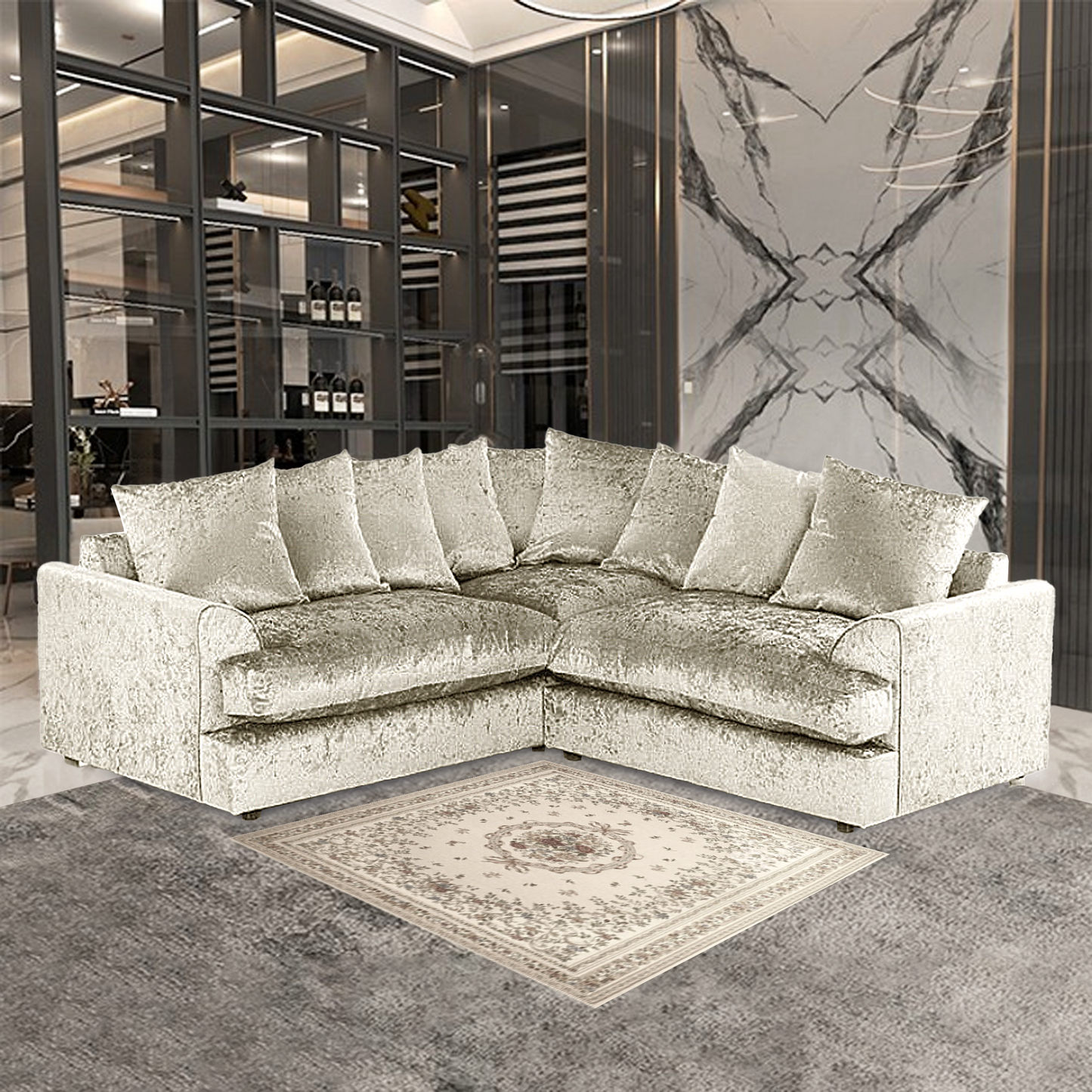 Dylan Crush Velvet Wide Armrest 5 Seater with Footstool Classic Corner Sofa