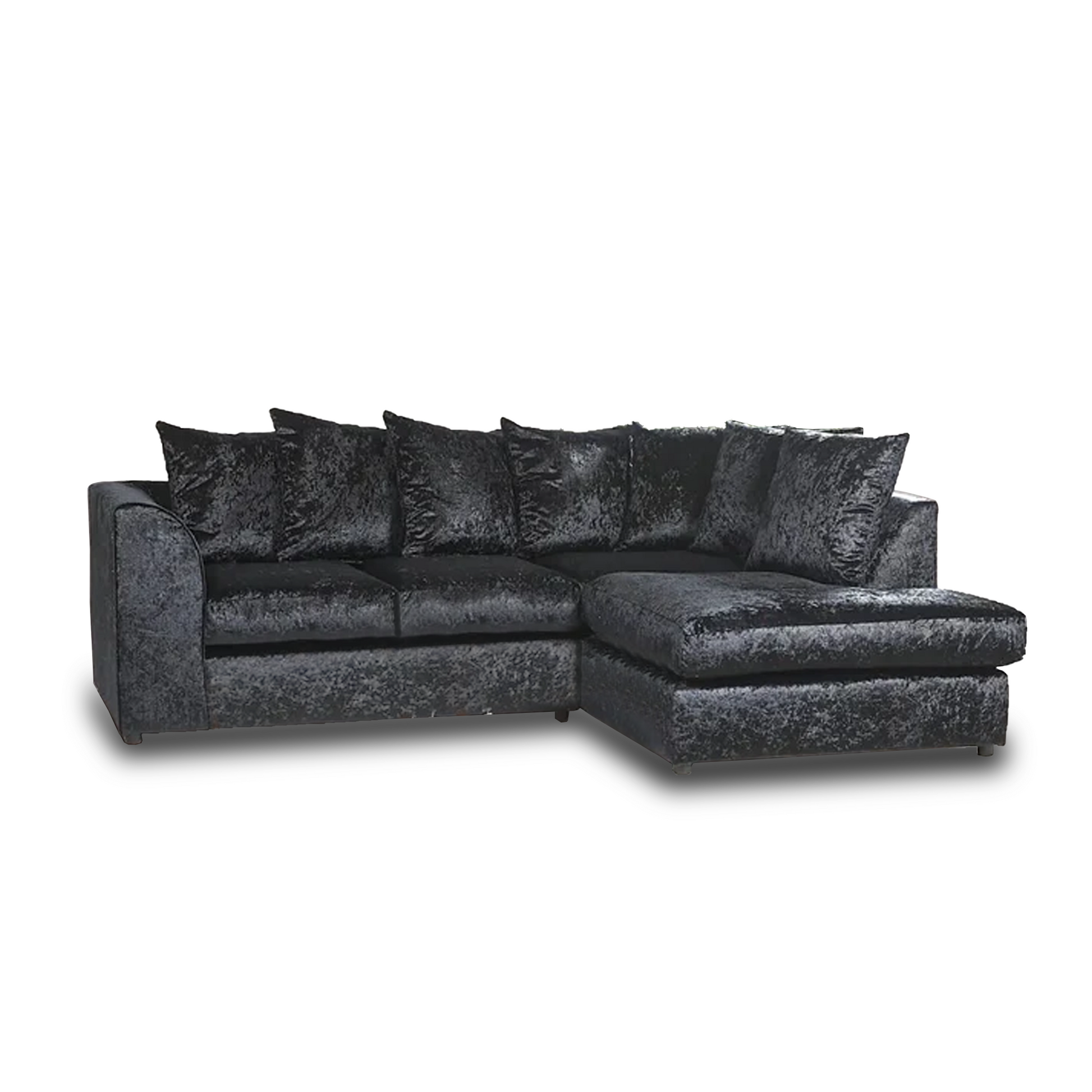 A black crushed velvet corner sofa with a single arm design, suitable for a 4-seater layout, in a right-hand orientation.