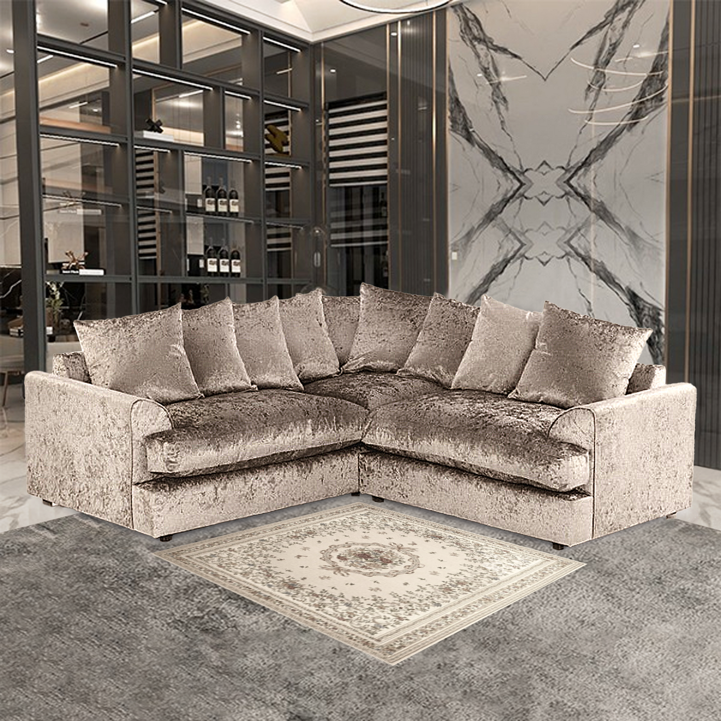 Dylan Crush Velvet Wide Armrest 5 Seater with Footstool Classic Corner Sofa