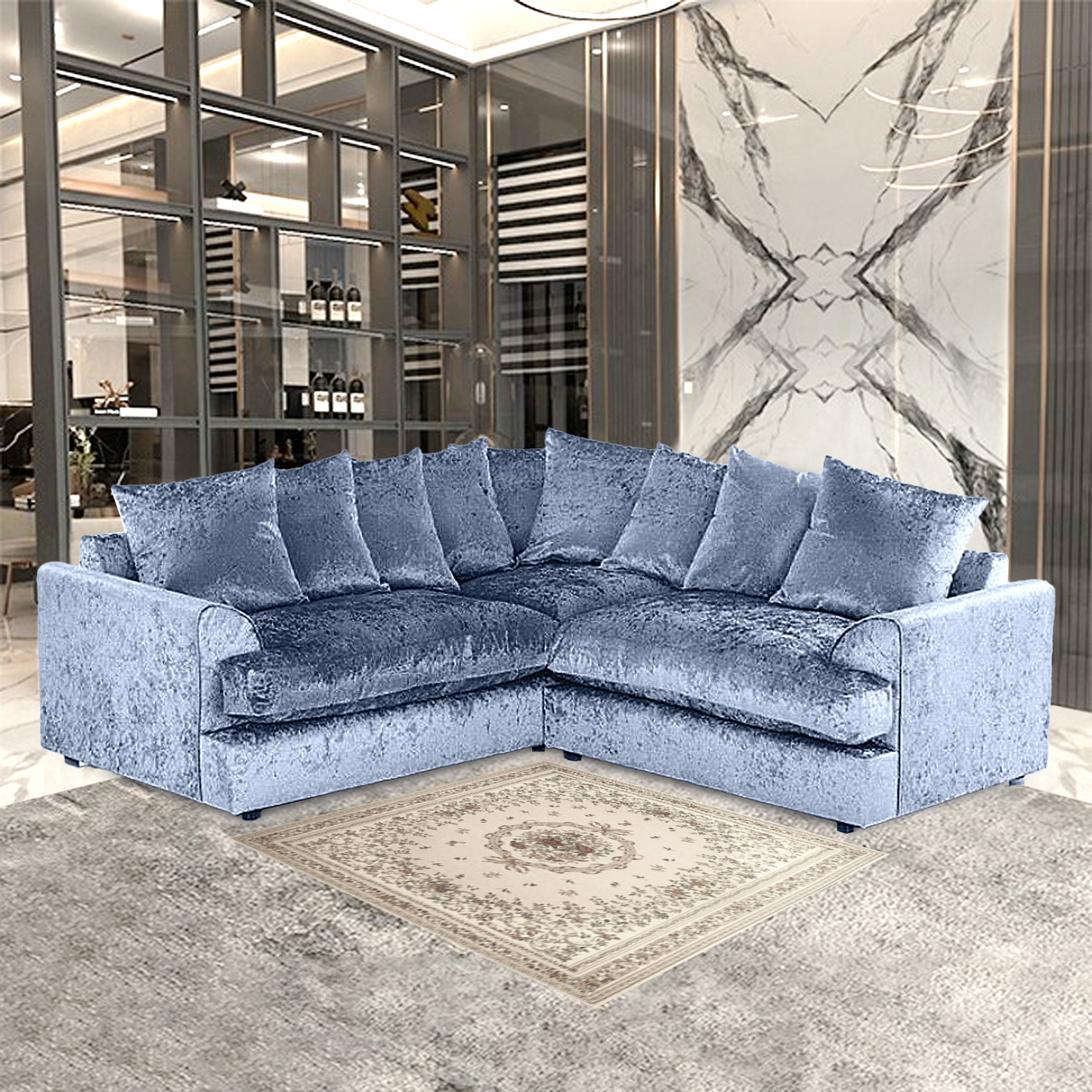 Dylan Crush Velvet Wide Armrest 5 Seater with Footstool Classic Corner Sofa