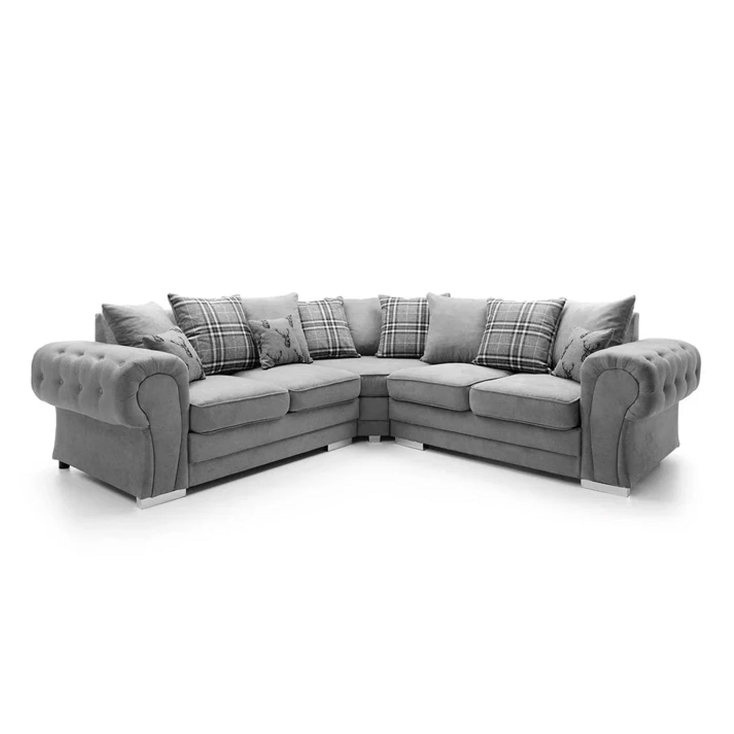 A gray Modern Verona Chesterfield 5 seater luxurious fabric sofa with sleek lines and plush cushioning, showcasing a comfortable and stylish design.