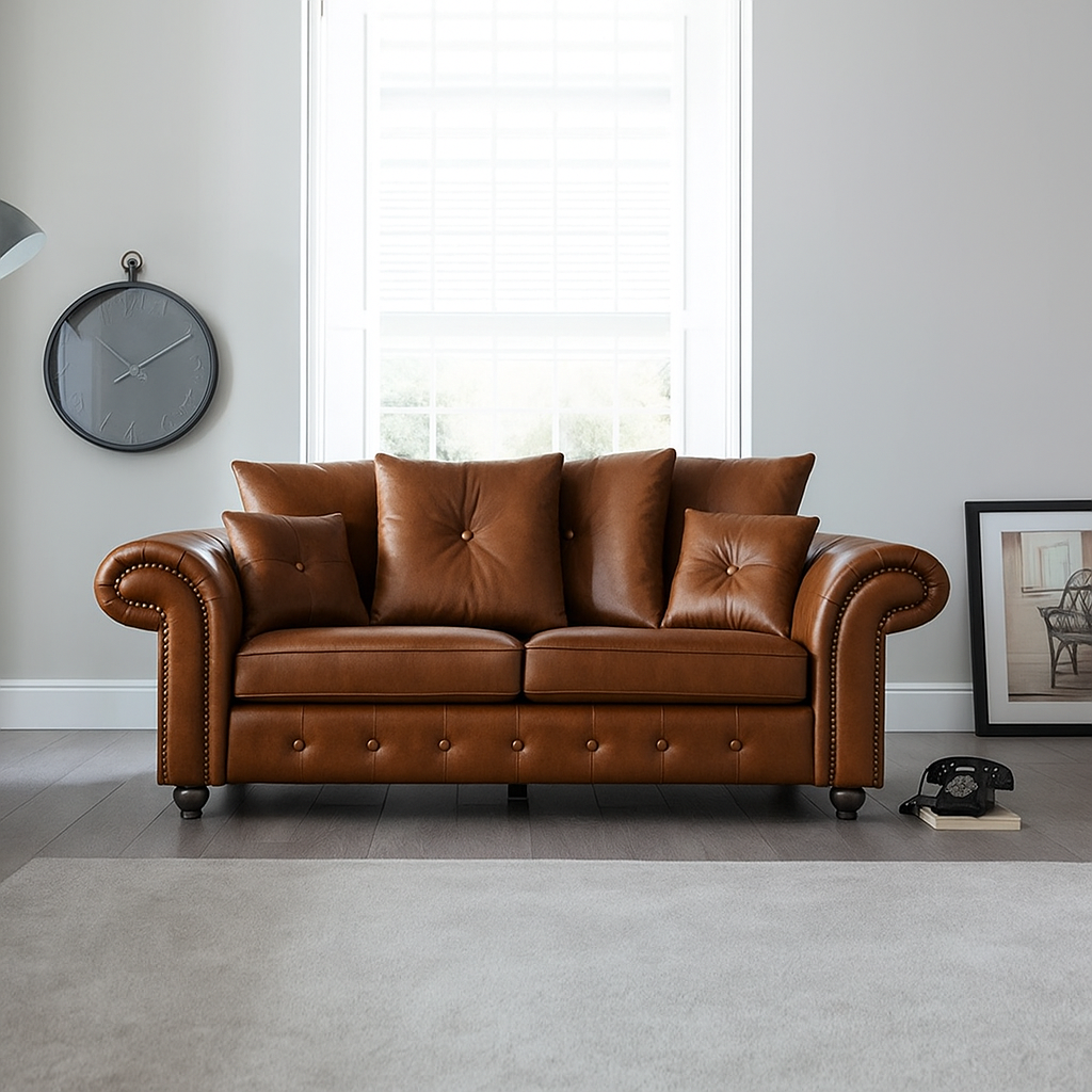 Elegant Leather Ashwin 3-Seater Sofa in Brown — Modern Chesterfield design with button detailing and plush cushions in a bright living room