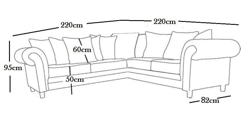 Measurement diagram of a sectional sofa with dimensions in centimeters.