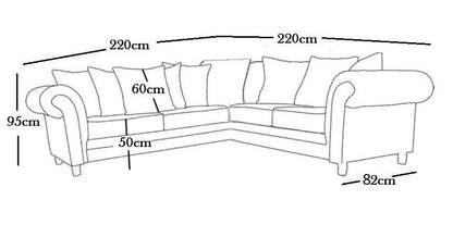 Measurement diagram of a sectional sofa with dimensions in centimeters.