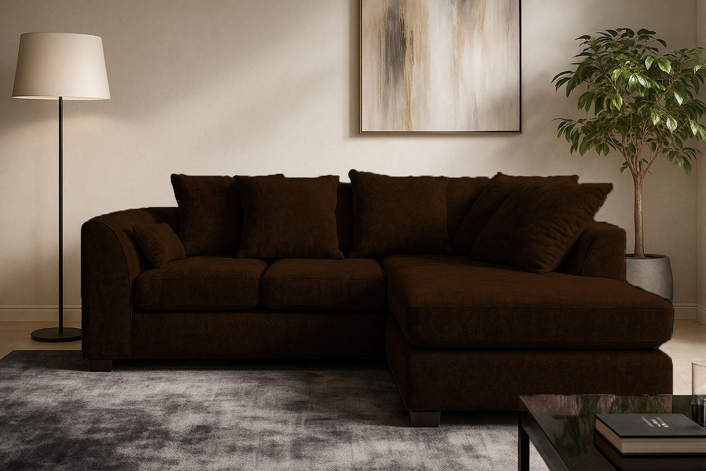 Dylen chenille corner sofa in a modern L-shaped design brown color, available with free delivery from UKFurnish – shop now for stylish sofas across the UK.