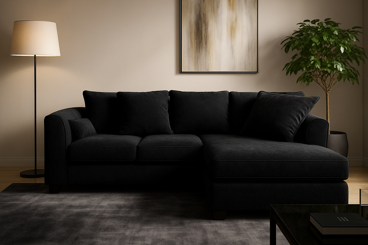 Dylen chenille corner sofa in a modern L-shaped design black color, available with free delivery from UKFurnish – shop now for stylish sofas across the UK.