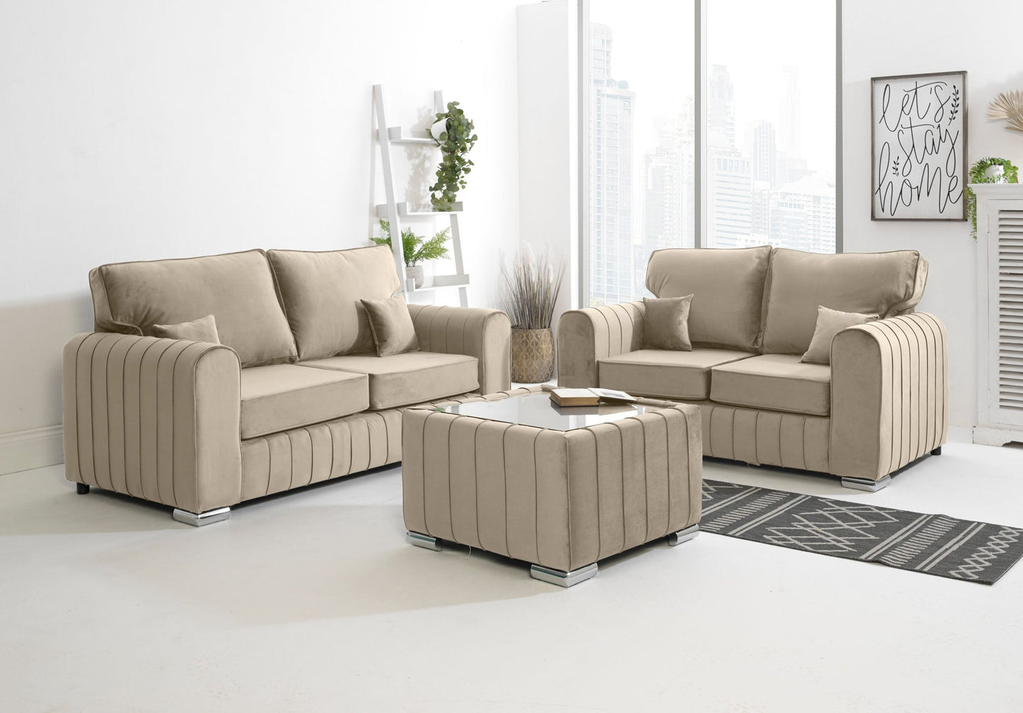 pebble sofa set with ottoman in a living room setting