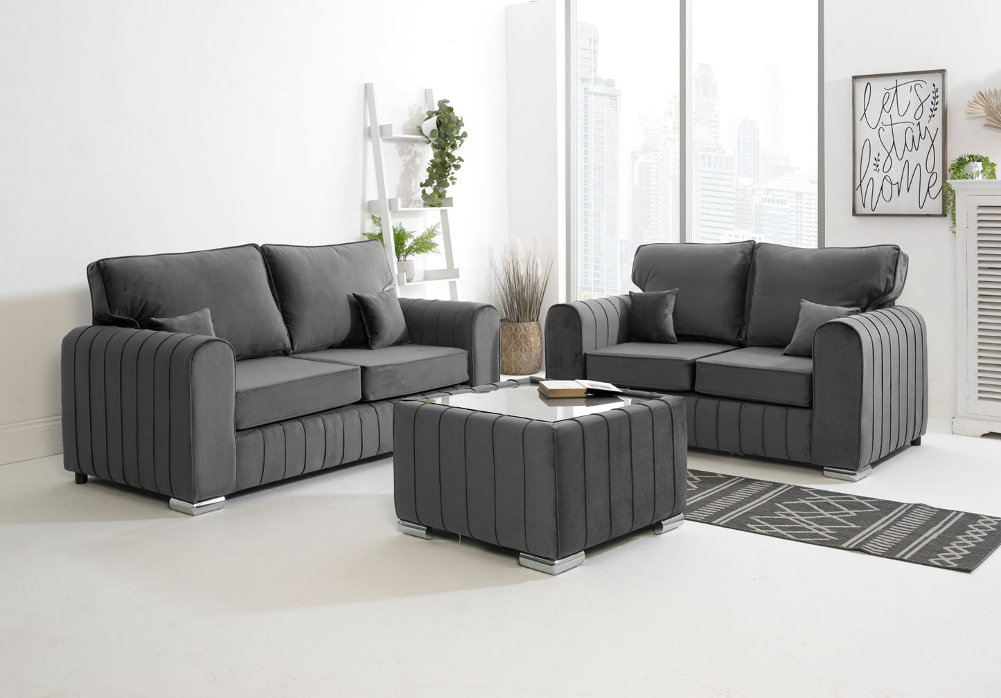 steel sectional sofa set in a modern living room with a coffee table.
