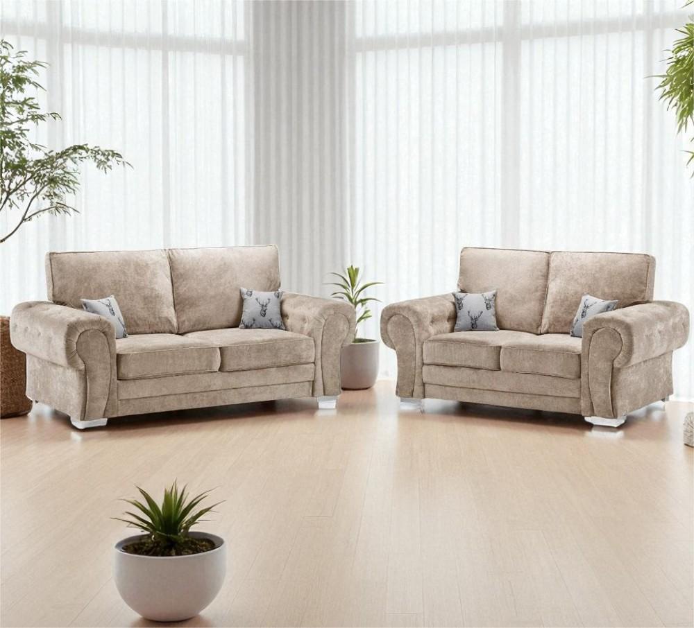 Beige sofa set in a bright living room with plants